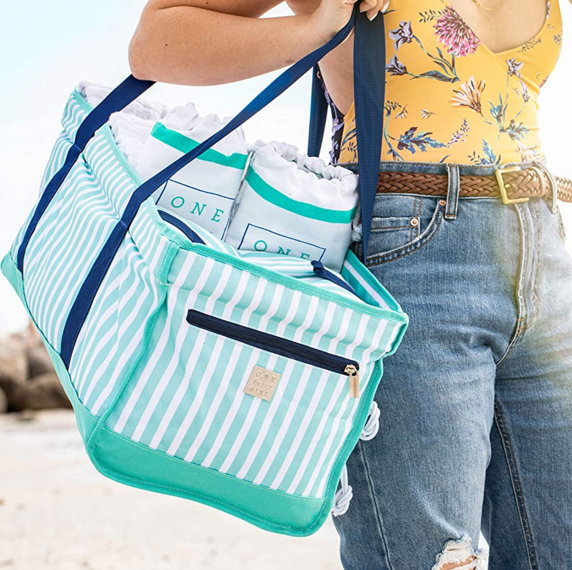 Striped insulated beach bag